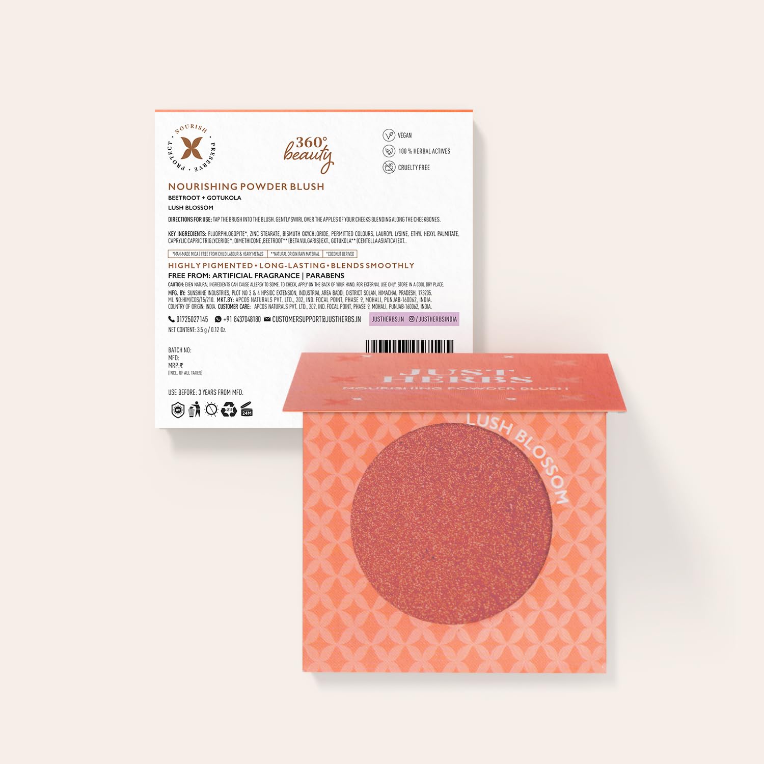 Just Herbs Nourishing Powder Blush Infused with Beetroot & Gotukola, Highly Pigmented, Buildable, All Skin Tones, 3.5 g (Lush
