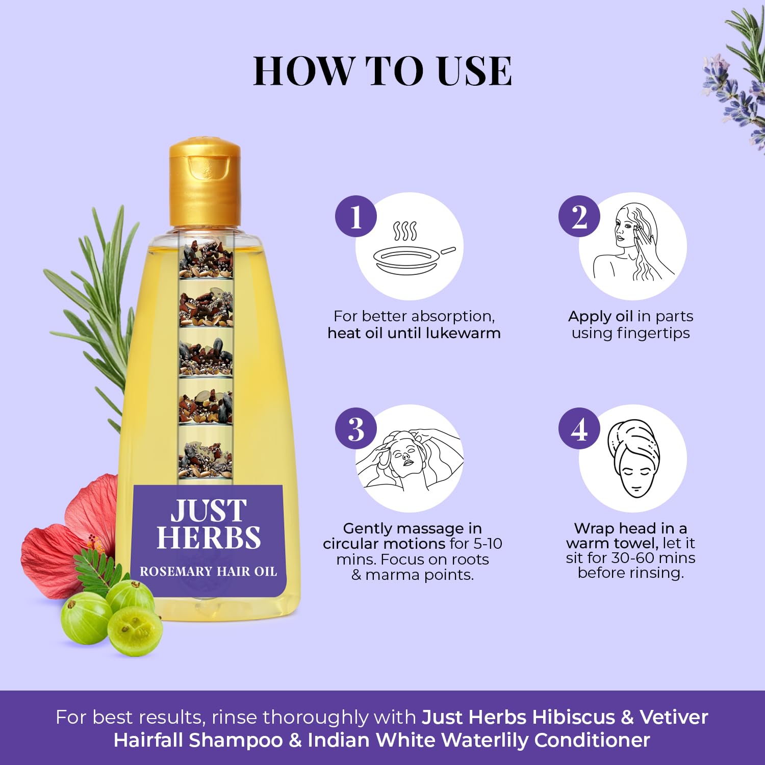 Just Herbs Rosemary Ayurvedic Hair Oil, 180ml, Herbal Kesh Taila for Regular Hair Care - close-up detail