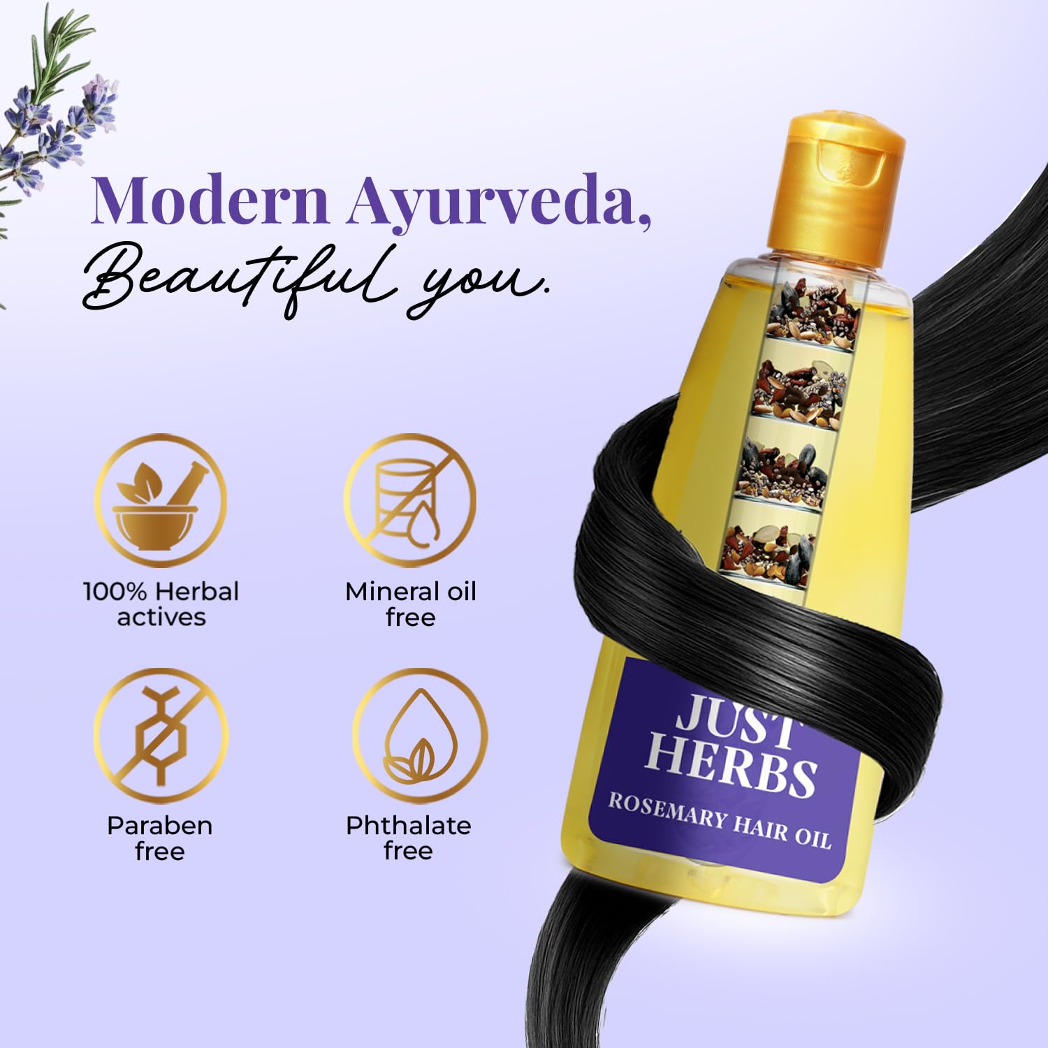 Just Herbs Rosemary Ayurvedic Hair Oil, 180ml, Herbal Kesh Taila for Regular Hair Care - in use
