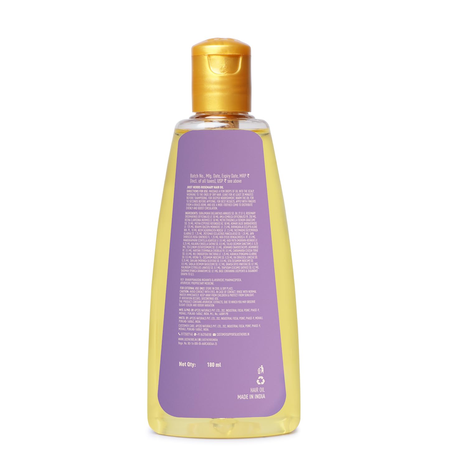 Just Herbs Rosemary Ayurvedic Hair Oil, 180ml, Herbal Kesh Taila for Regular Hair Care - size and scale