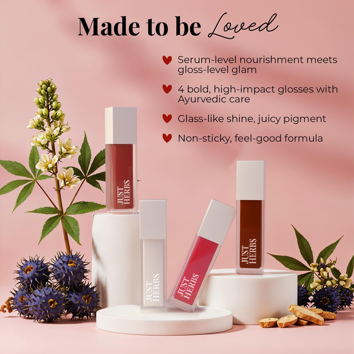 Just Herbs Serum-infused Lip Gloss for Women, 4 x 4g, High-Pigment Non-Sticky Ayurvedic Lip Color - front view (10)
