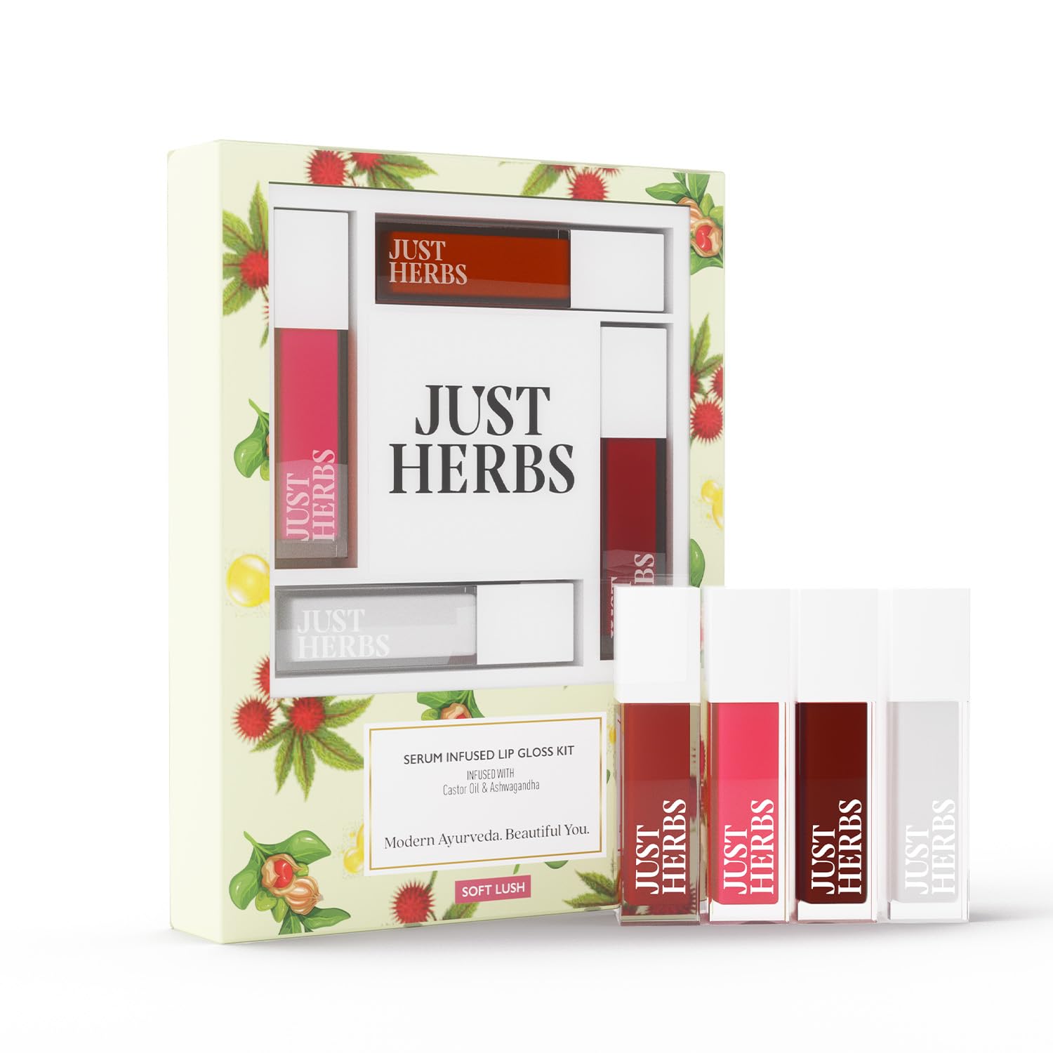 Just Herbs Serum-infused Lip Gloss for Women, 4 x 4g, High-Pigment Non-Sticky Ayurvedic Lip Color (9)