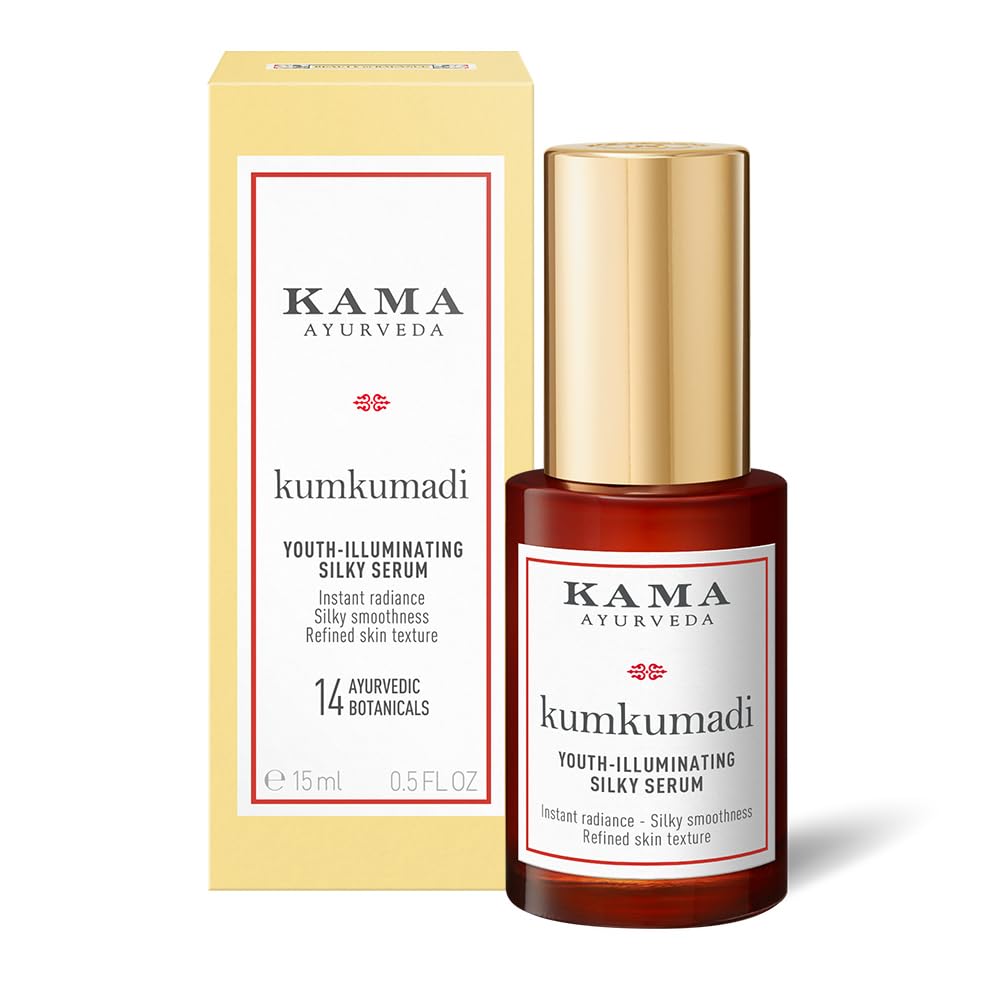 Kama Ayurveda Kumkumadi Silky Face Serum, 15ml, with Kumkumadi Oil and Hyaluronic Acid - label detail