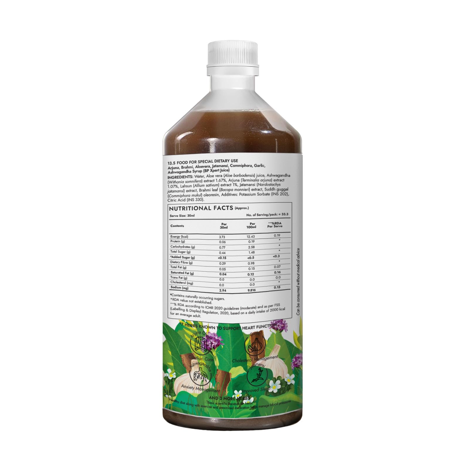 Kapiva BP Care Juice, 1 Litre, Herbal Supplement with Arjuna, Garlic, Guggul & Jatamansi, GMP Certified, No Added Sugar - in