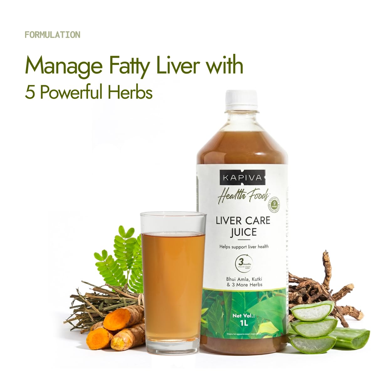 Kapiva Liver Care Juice, 1L, Herbal Supplement with Aloe Vera, Kalmegh, Kutki, Bhui Amla, Haldi - front view