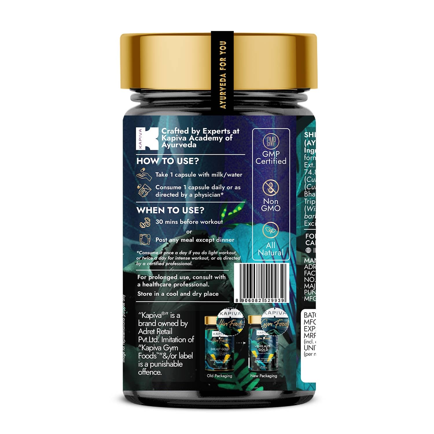 Kapiva Shilajit Gold 60 Capsules with 24 Carat Gold, Himalayan Grade A Shilajit, Ashwagandha, Gokshura, Safed Musali, 100% Ay