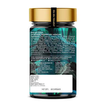 Kapiva Shilajit Gold 60 Capsules with 24 Carat Gold, Himalayan Grade A Shilajit, Ashwagandha, Gokshura, Safed Musali, 100% Ay