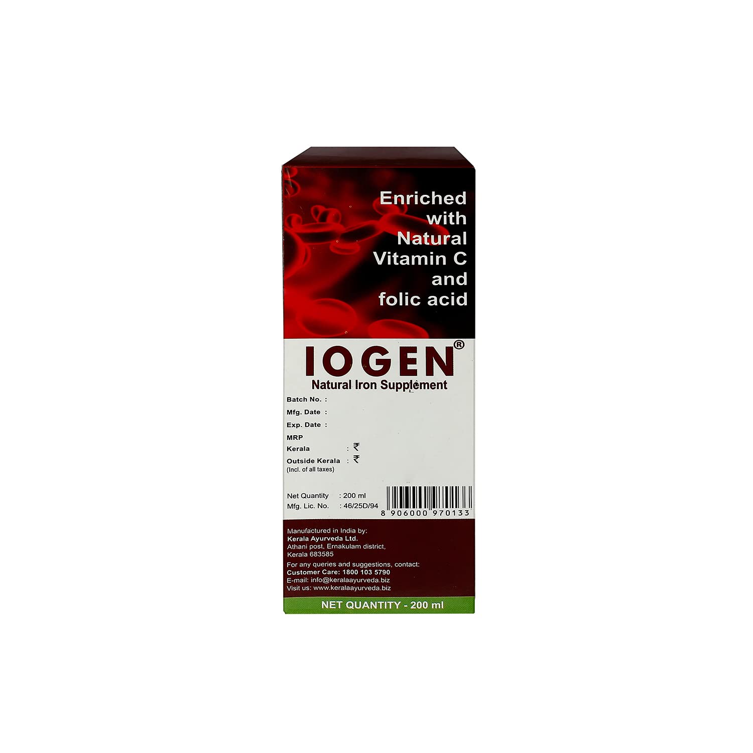 Kerala Ayurveda Iogen Syrup, 200ml, Herbo-Mineral Iron Formulation with Amla, Shatavari & Bilva - front view