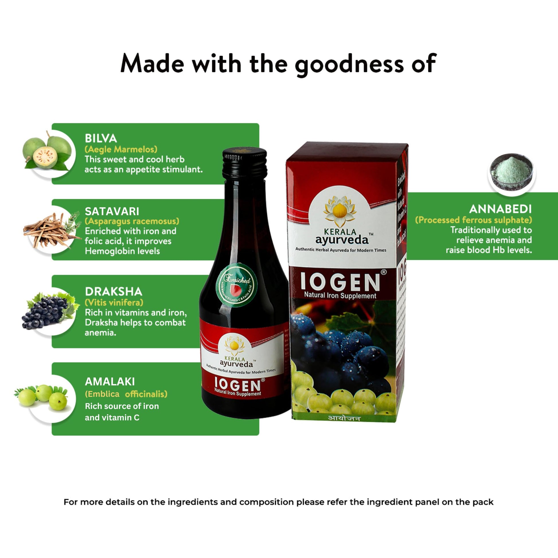 Kerala Ayurveda Iogen Syrup, 200ml, Herbo-Mineral Iron Formulation with Amla, Shatavari & Bilva - label detail