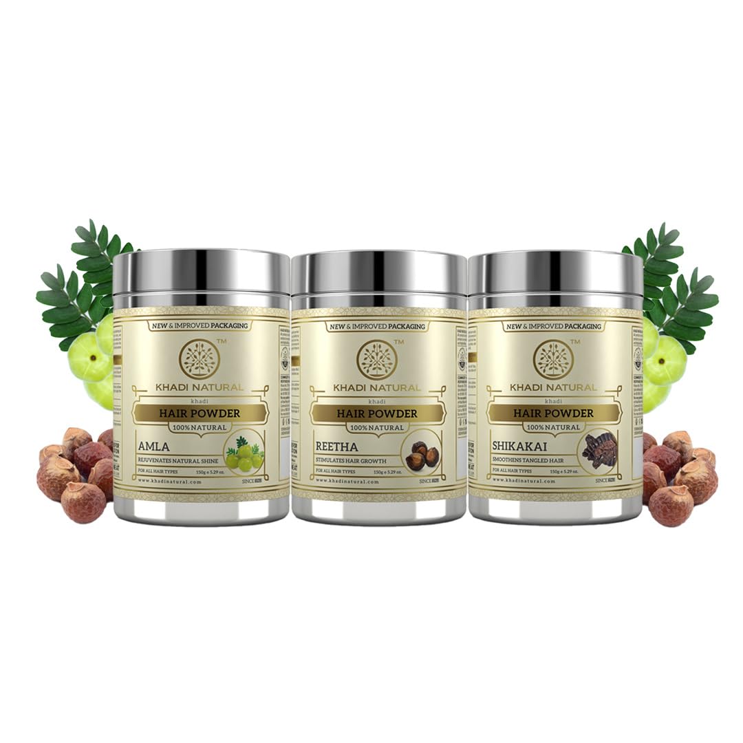 Khadi Natural Amla, Reetha and Shikakai Hair Powder Combo, 3 Pack, Herbal Hair Care Set for Normal Hair