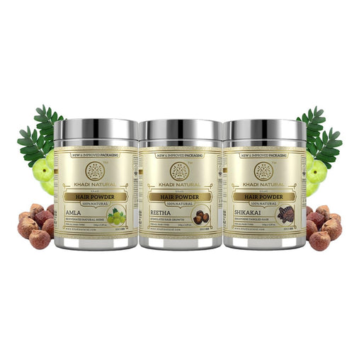 Khadi Natural Amla, Reetha and Shikakai Hair Powder Combo, 3 Pack, Herbal Hair Care Set for Normal Hair