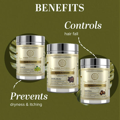 Khadi Natural Amla, Reetha and Shikakai Hair Powder Combo, 3 Pack, Herbal Hair Care Set for Normal Hair - front view