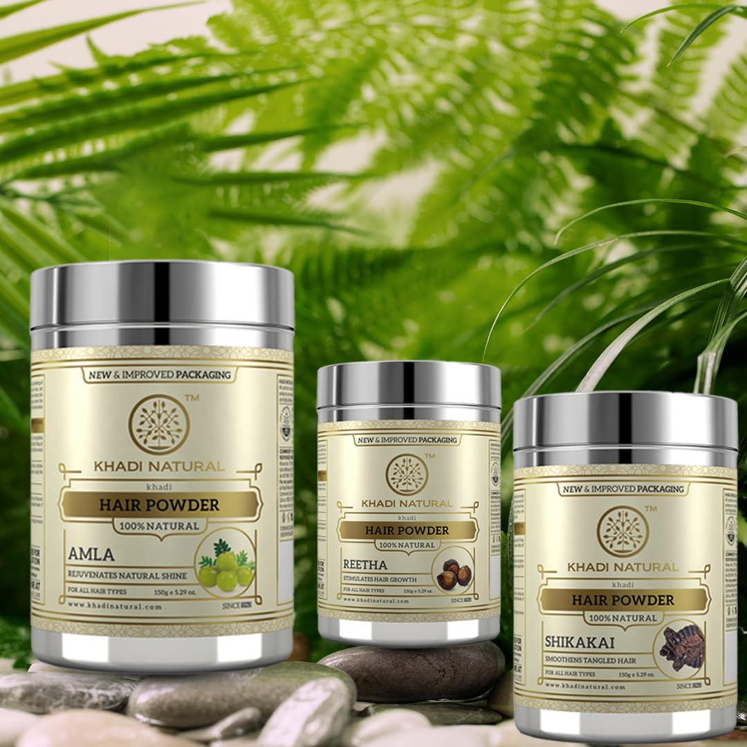 Khadi Natural Amla, Reetha and Shikakai Hair Powder Combo, 3 Pack, Herbal Hair Care Set for Normal Hair - label detail