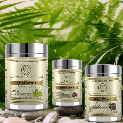 Khadi Natural Amla, Reetha and Shikakai Hair Powder Combo, 3 Pack, Herbal Hair Care Set for Normal Hair - label detail