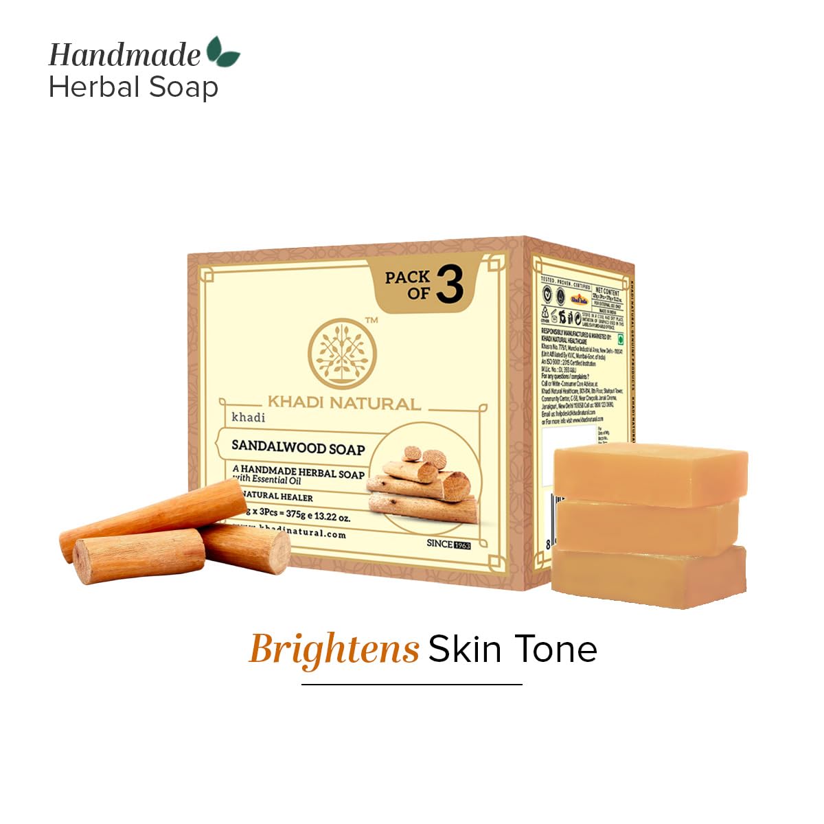 Khadi Natural Herbal Bath Soap, Solid Soap Bar, Pack of 3, 499g - front view (12)