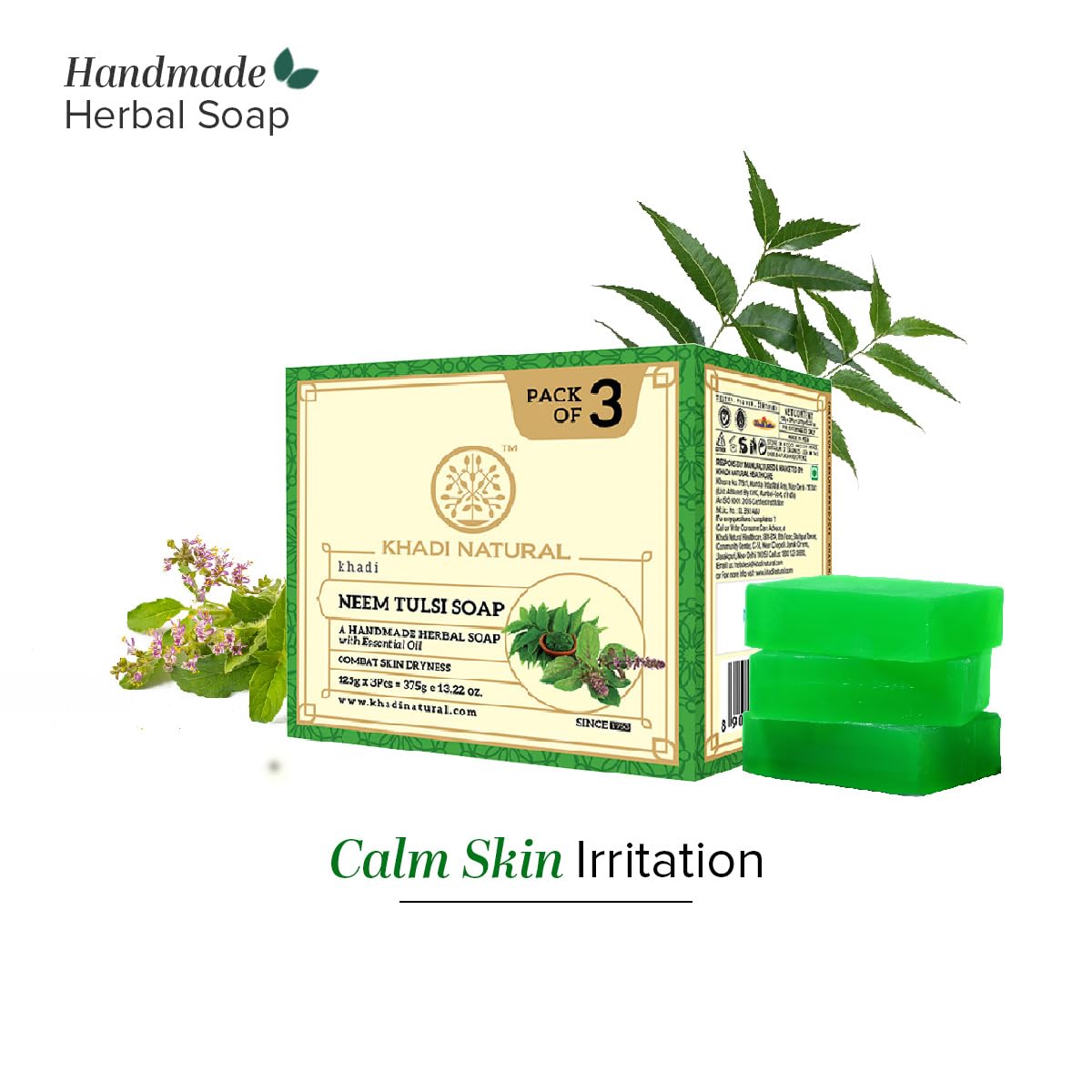 Khadi Natural Herbal Bath Soap, Solid Soap Bar, Pack of 3, 499g - label detail