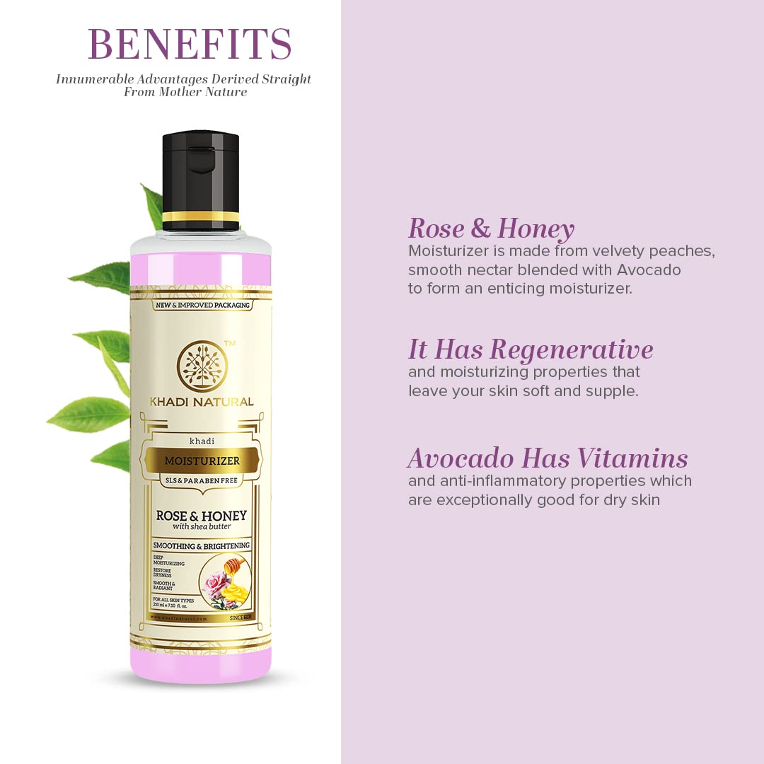 Khadi Natural Moisturising Lotion, Rose and Honey, 210ml, Body Lotion for All Skin Types - front view