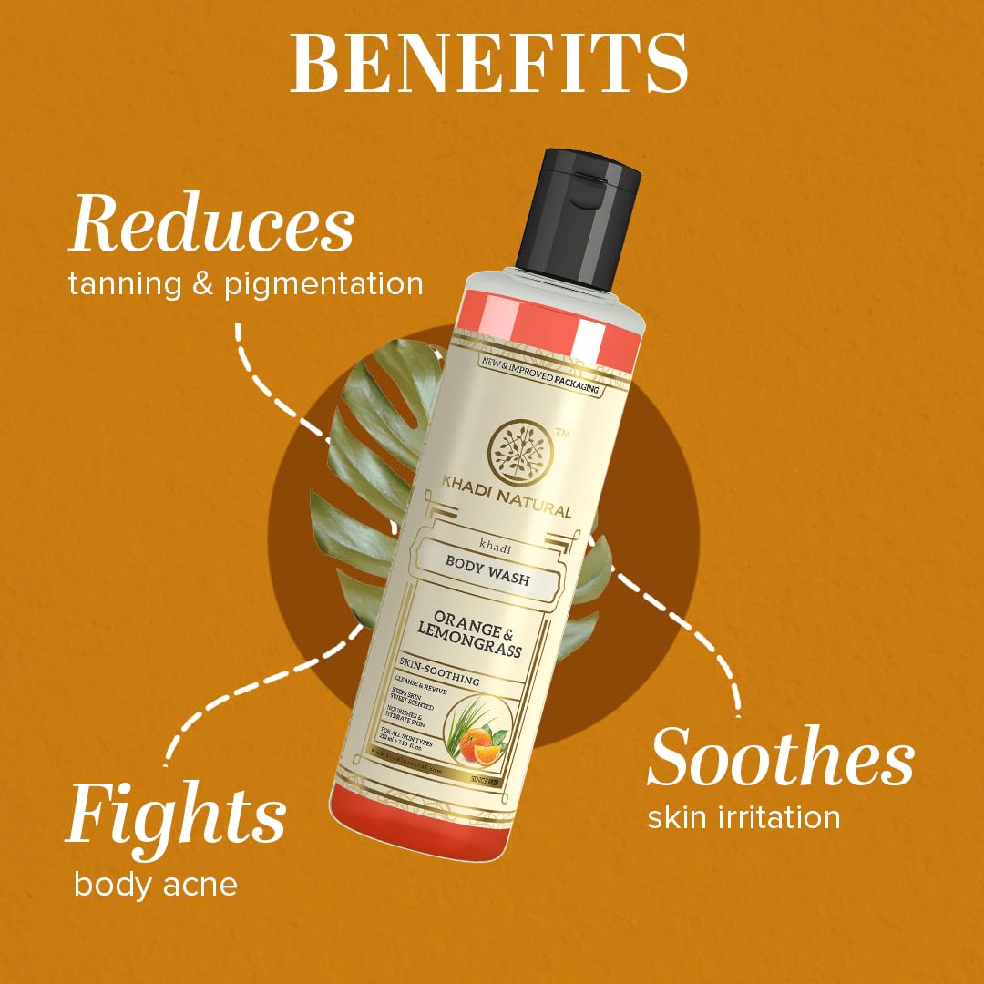 Khadi Natural Orange & Lemongrass Herbal Body Wash Shower Gel, 210ml, for Men and Women - front view