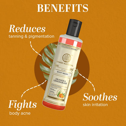 Khadi Natural Orange & Lemongrass Herbal Body Wash Shower Gel, 210ml, for Men and Women - front view