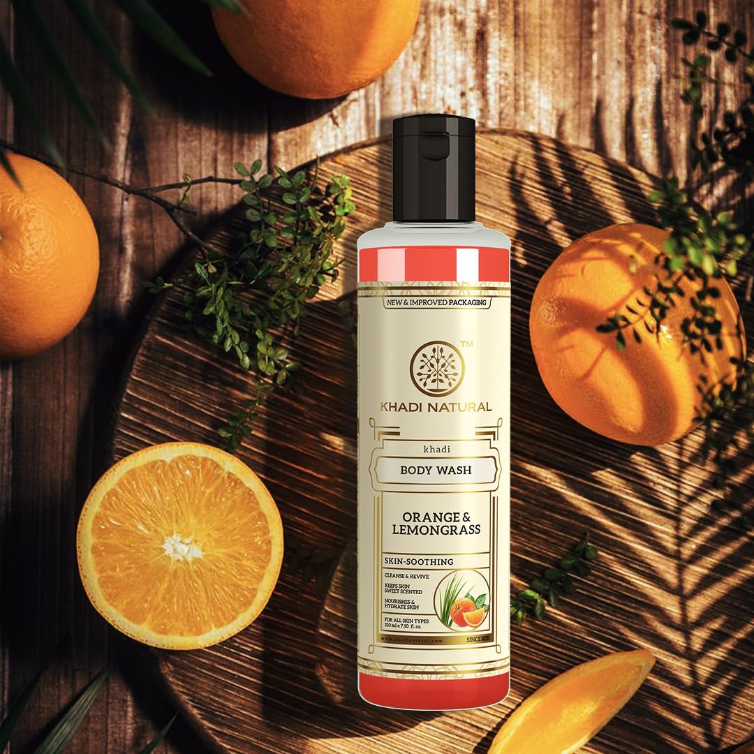 Khadi Natural Orange & Lemongrass Herbal Body Wash Shower Gel, 210ml, for Men and Women - label detail
