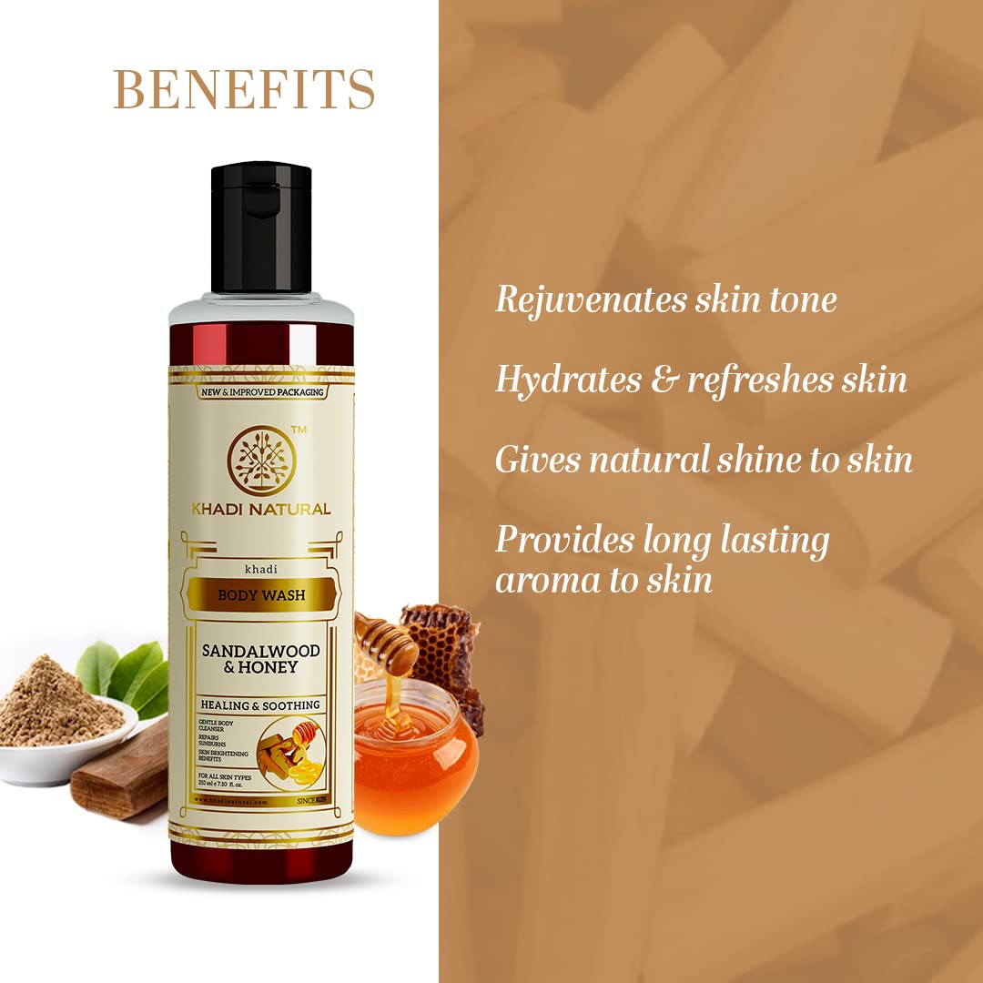 Khadi Natural Sandalwood & Honey Body Wash, Herbal Shower Gel, 210ml, Suitable for All Skin Types - front view