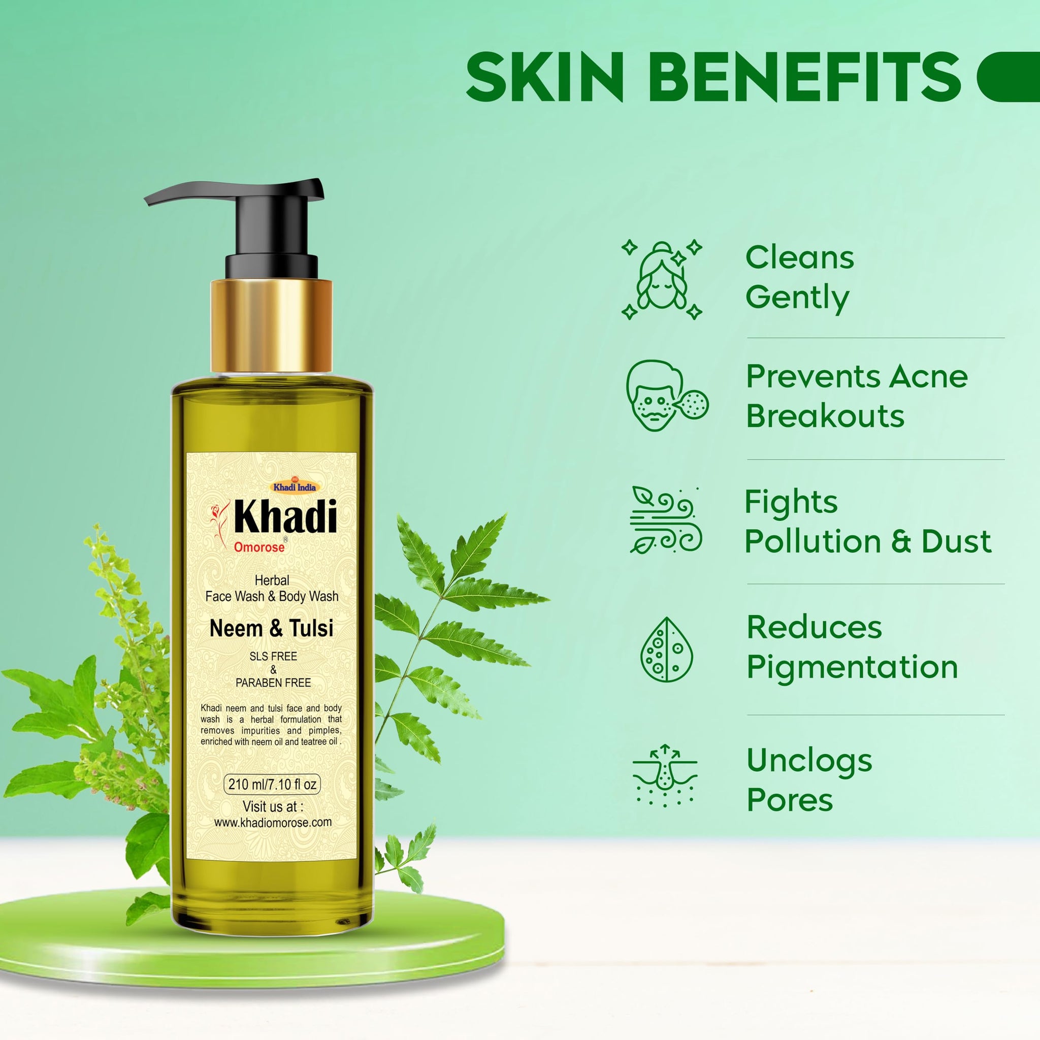 Khadi Omorose Neem and Tulsi Face and Body Wash, 210ml, Herbal Body Wash Gel for All Skin Types - back view
