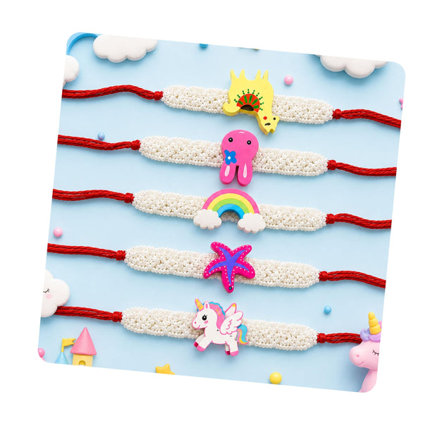 Khillayox Designer kids Cartoon Rakhi Set of 5 for Brother with Greeting Card & Roli Chawal Pack | Handmade Beaded Bracelet T