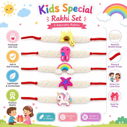 Khillayox Designer kids Cartoon Rakhi Set of 5 for Brother with Greeting Card & Roli Chawal Pack | Handmade Beaded Bracelet T