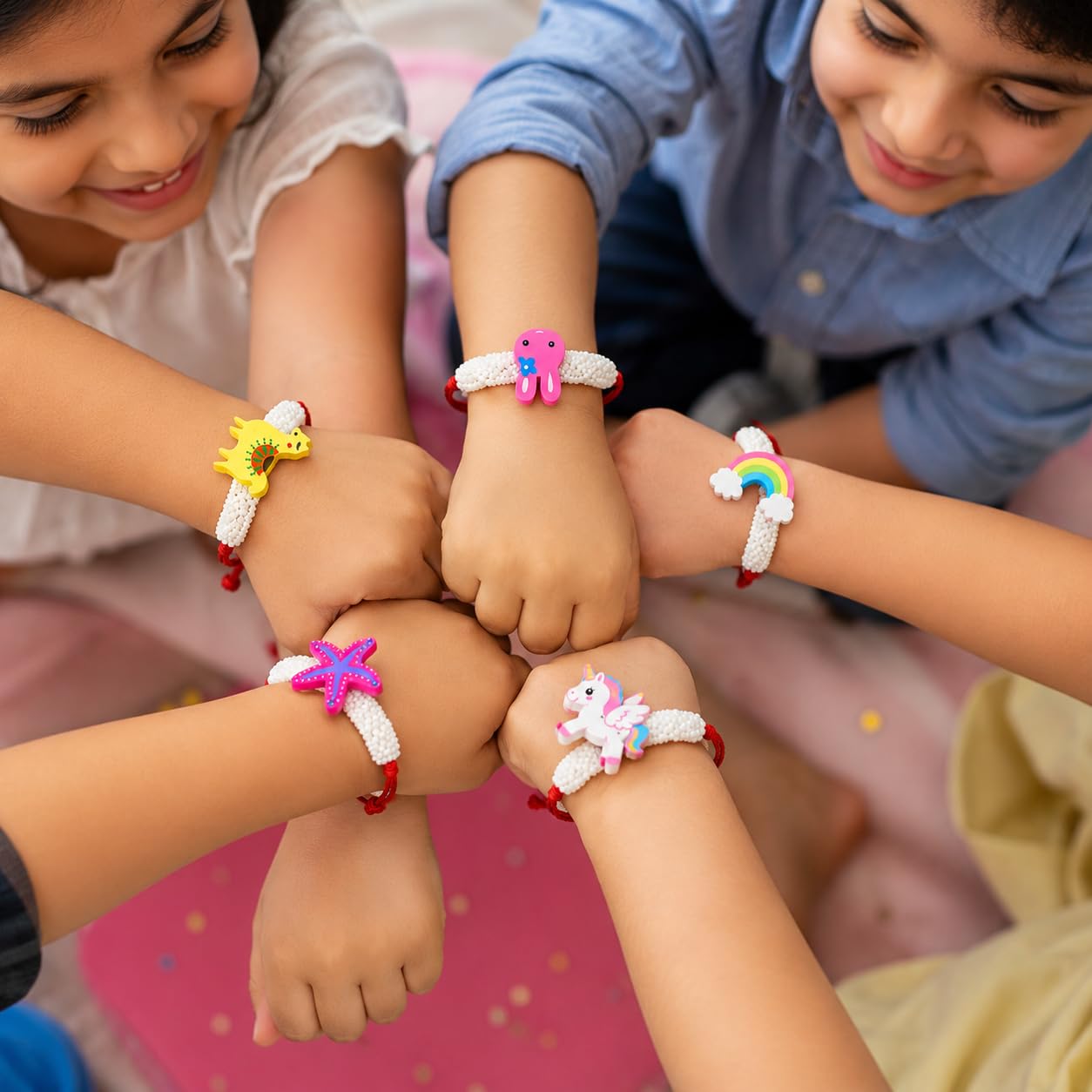 Khillayox Designer kids Cartoon Rakhi Set of 5 for Brother with Greeting Card & Roli Chawal Pack | Handmade Beaded Bracelet T