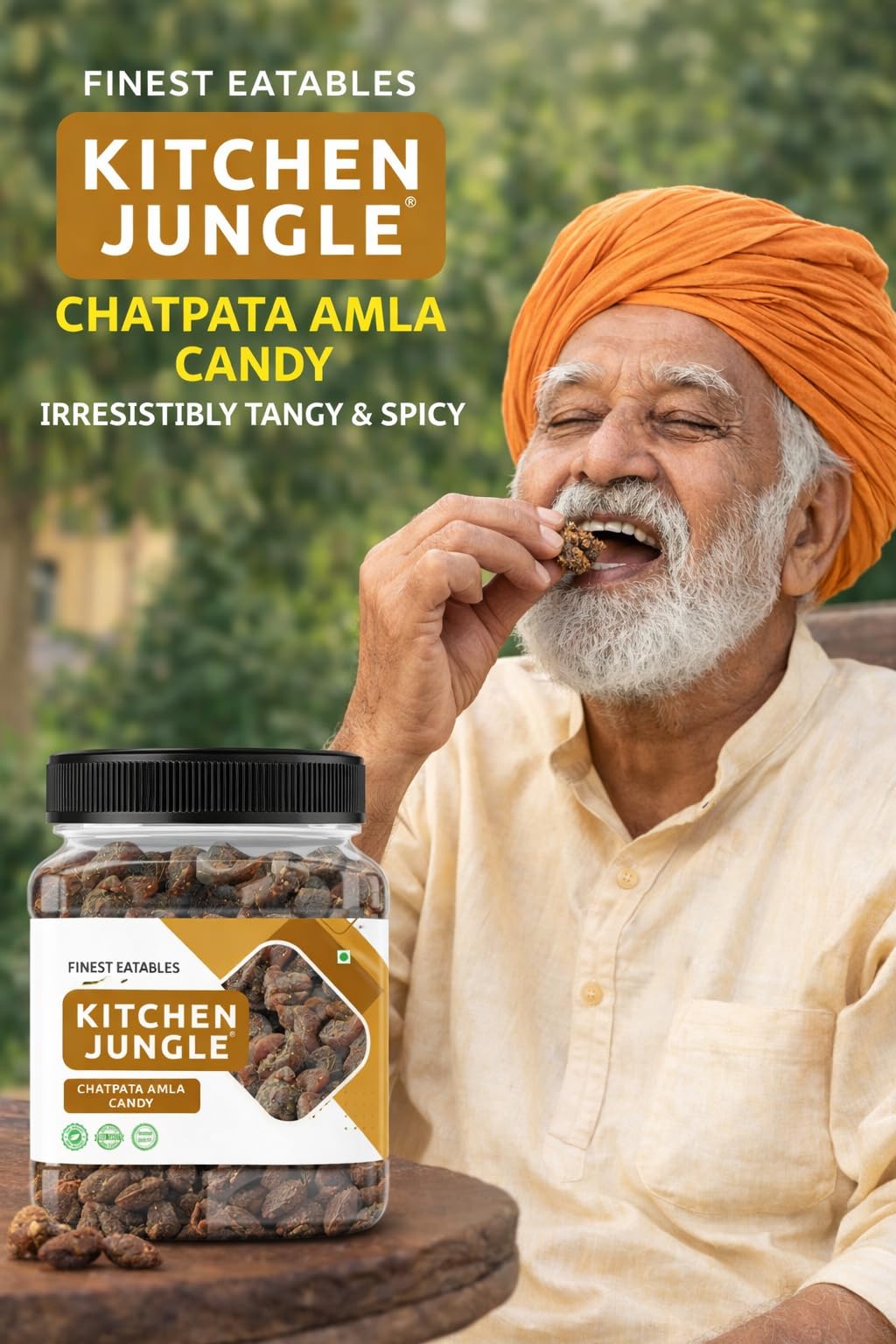 Kitchen Jungle Natural Dried Chatpata Spicy Amla Candy, Tangy Spiced Indian Gooseberry Snack, No Preservatives - packaging