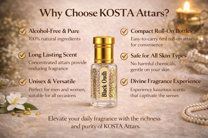 KOSTA KOSTA Black Oudh Attar for Men | Alcohol Free Long Lasting Perfume Oil | Strong Woody Smoky Oud Fragrance | Roll On Att