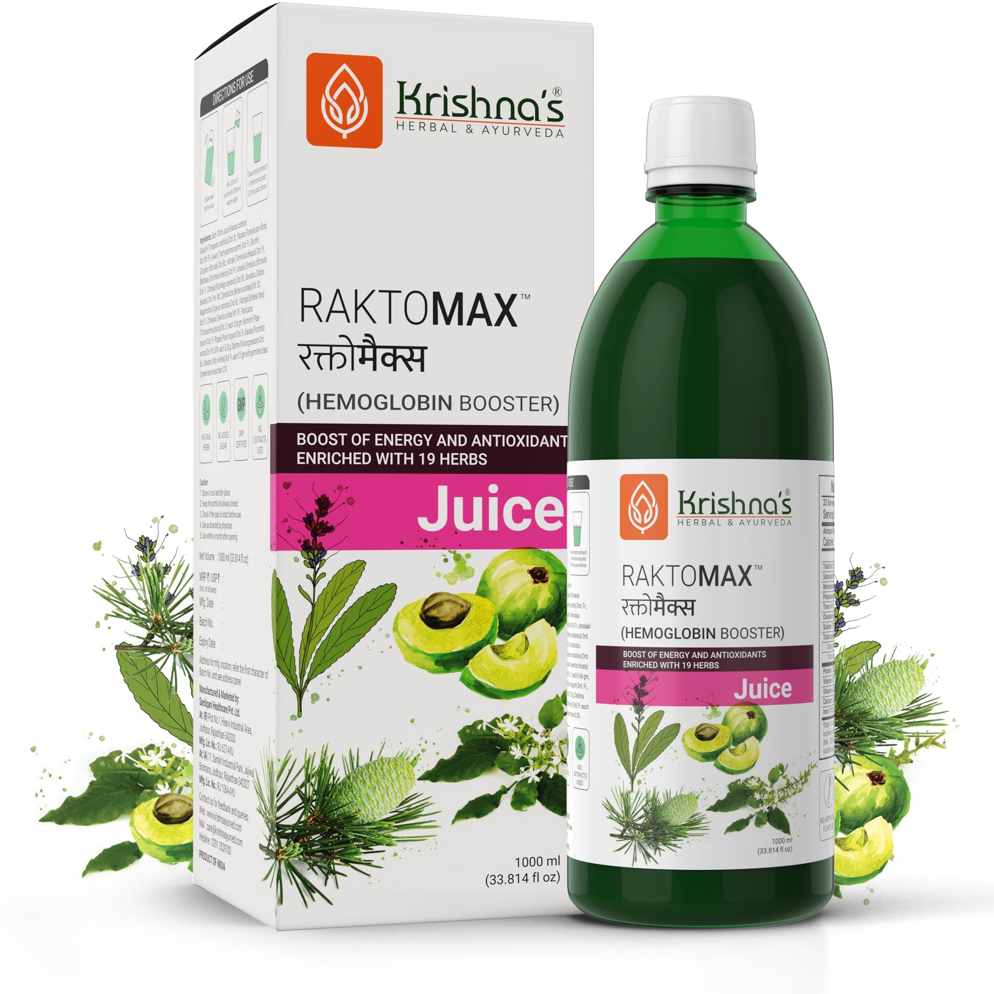Krishna's Herbal & Ayurveda Raktomax Juice, 1000ml, Herbal Supplement with Devdaru, Kutki, Amla & 13+ Ayurvedic Herbs