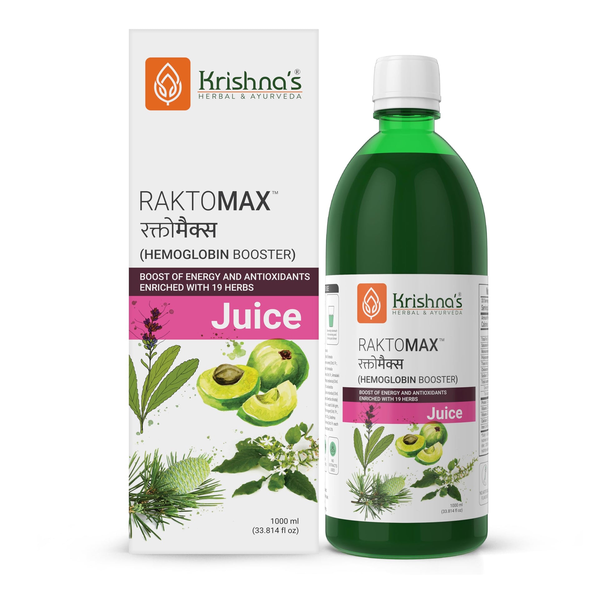 Krishna's Herbal & Ayurveda Raktomax Juice, 1000ml, Herbal Supplement with Devdaru, Kutki, Amla & 13+ Ayurvedic Herbs - back