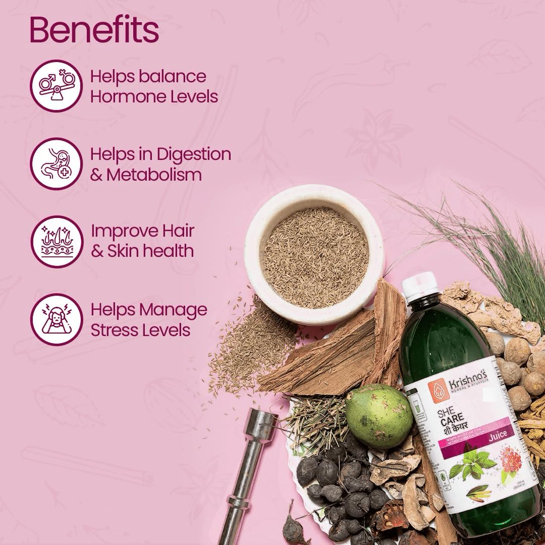 KRISHNA'S HERBAL & AYURVEDA Women's She Care Herbal Juice, 1000ml (Pack of 1), 5-Herb Blend, No Sugar Added - packaging