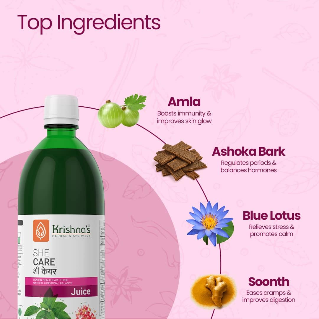 KRISHNA'S HERBAL & AYURVEDA Women's She Care Herbal Juice, 1000ml (Pack of 1), 5-Herb Blend, No Sugar Added - label detail