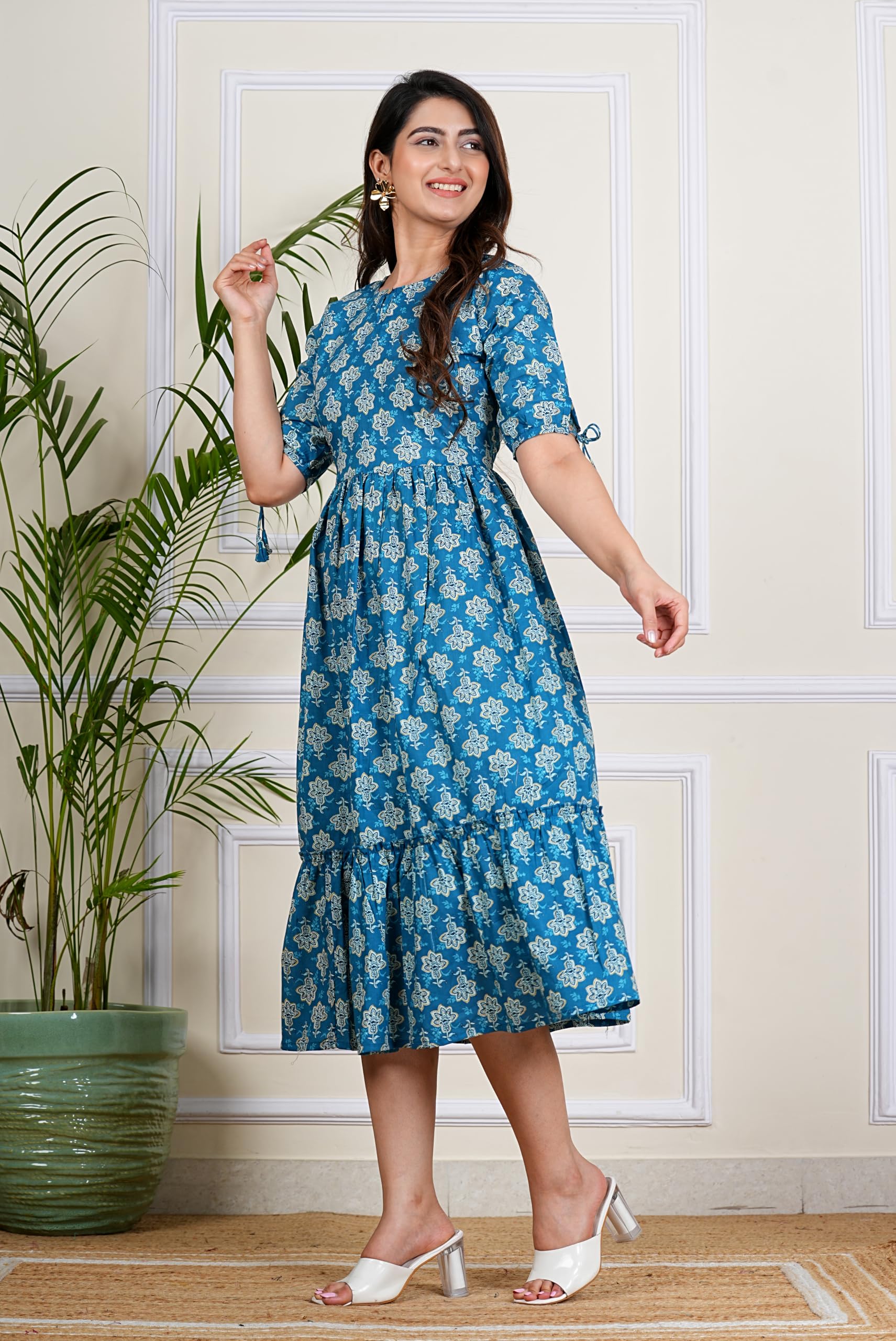 Kuruti B Sheets Women's Floral Printed Rayon Fit and Flare Tank Maxi Dress Kurta - close-up detail (13)