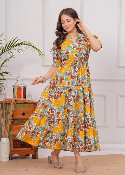 Kuruti B Sheets Women's Floral Printed Rayon Fit and Flare Tank Maxi Dress Kurta - close-up detail (29)