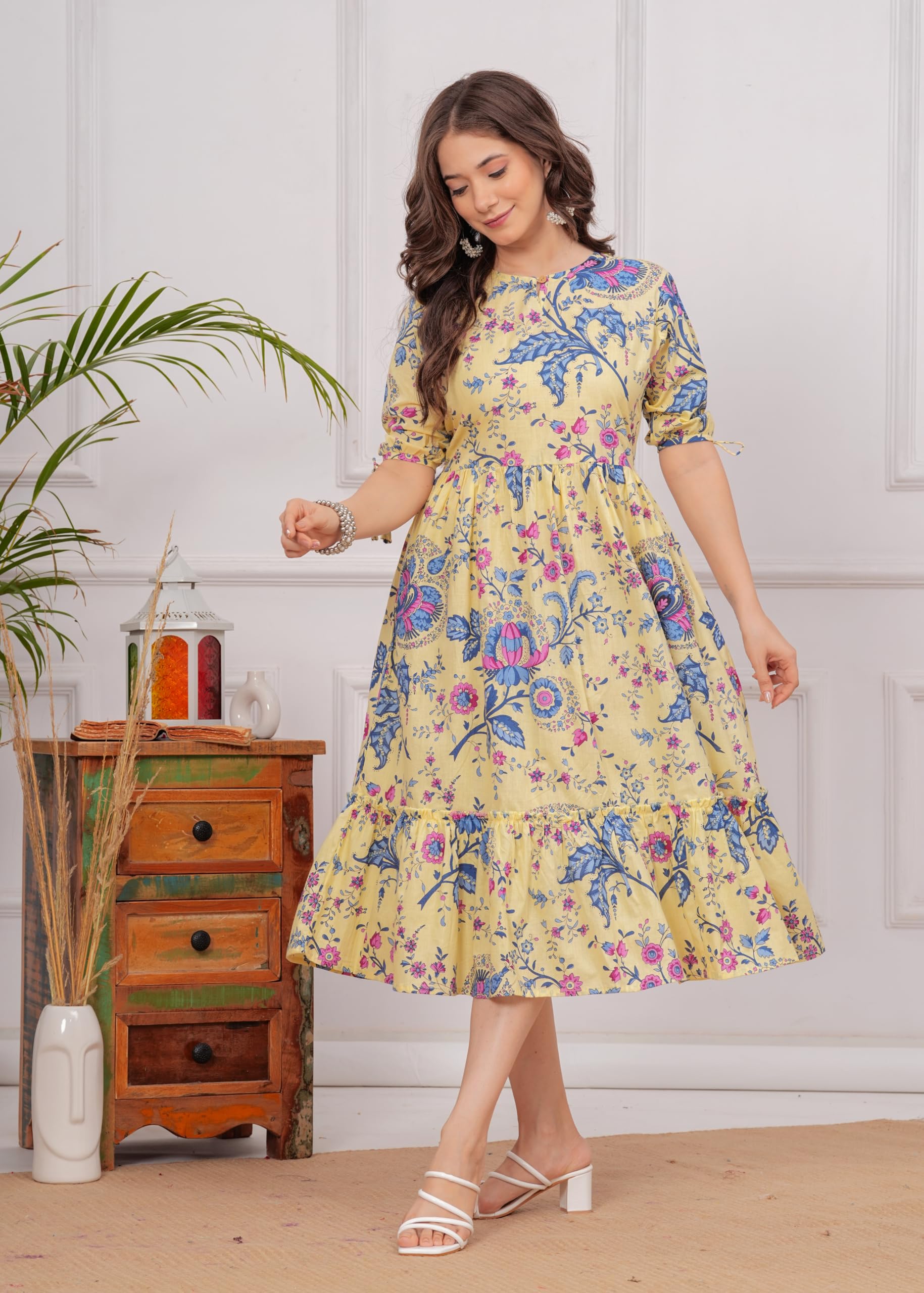 Kuruti B Sheets Women's Floral Printed Rayon Fit and Flare Tank Maxi Dress Kurta - close-up detail (35)