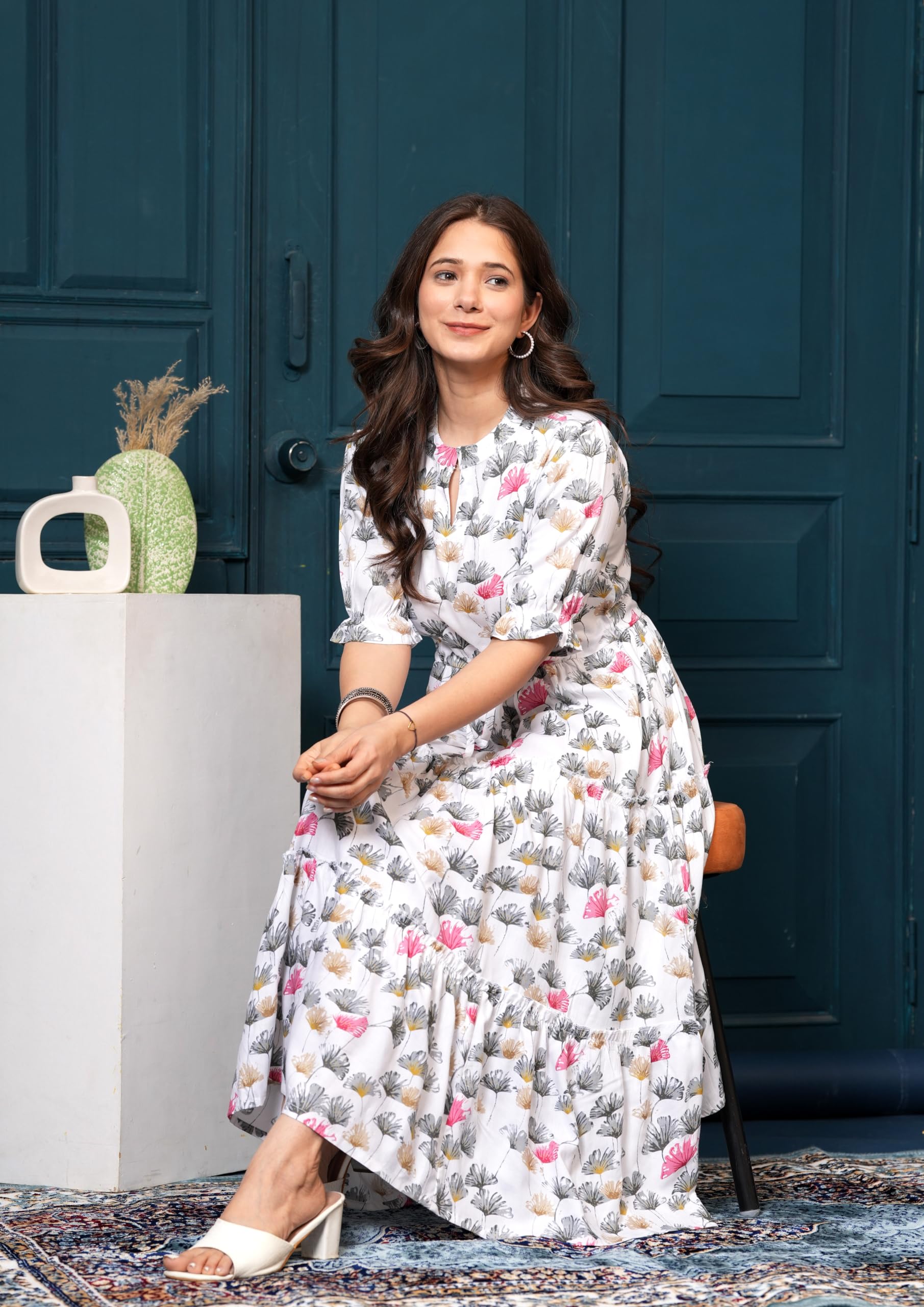 Kuruti B Sheets Women's Floral Printed Rayon Fit and Flare Tank Maxi Dress Kurta - ingredients panel (46)