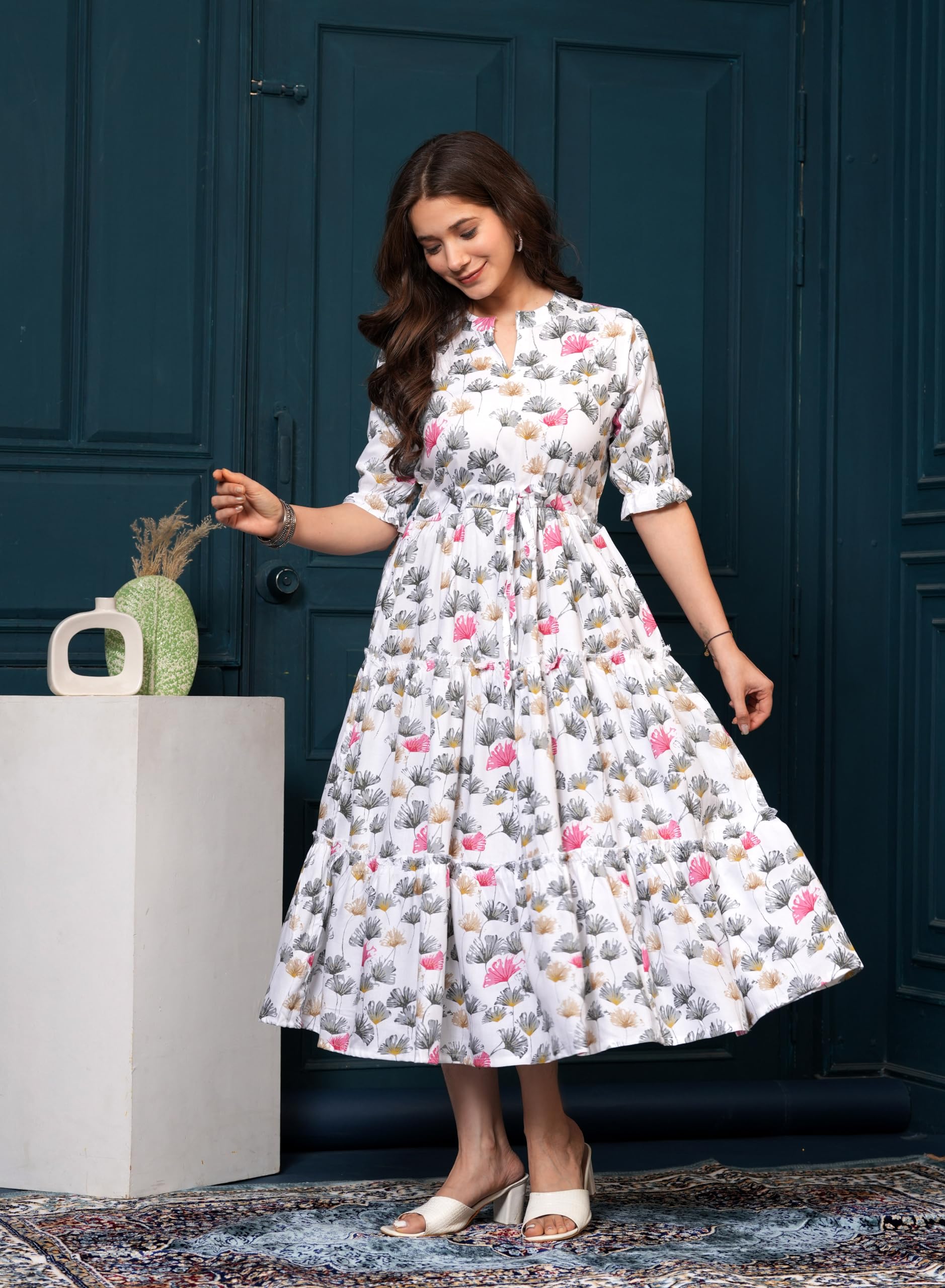 Kuruti B Sheets Women's Floral Printed Rayon Fit and Flare Tank Maxi Dress Kurta - close-up detail (47)