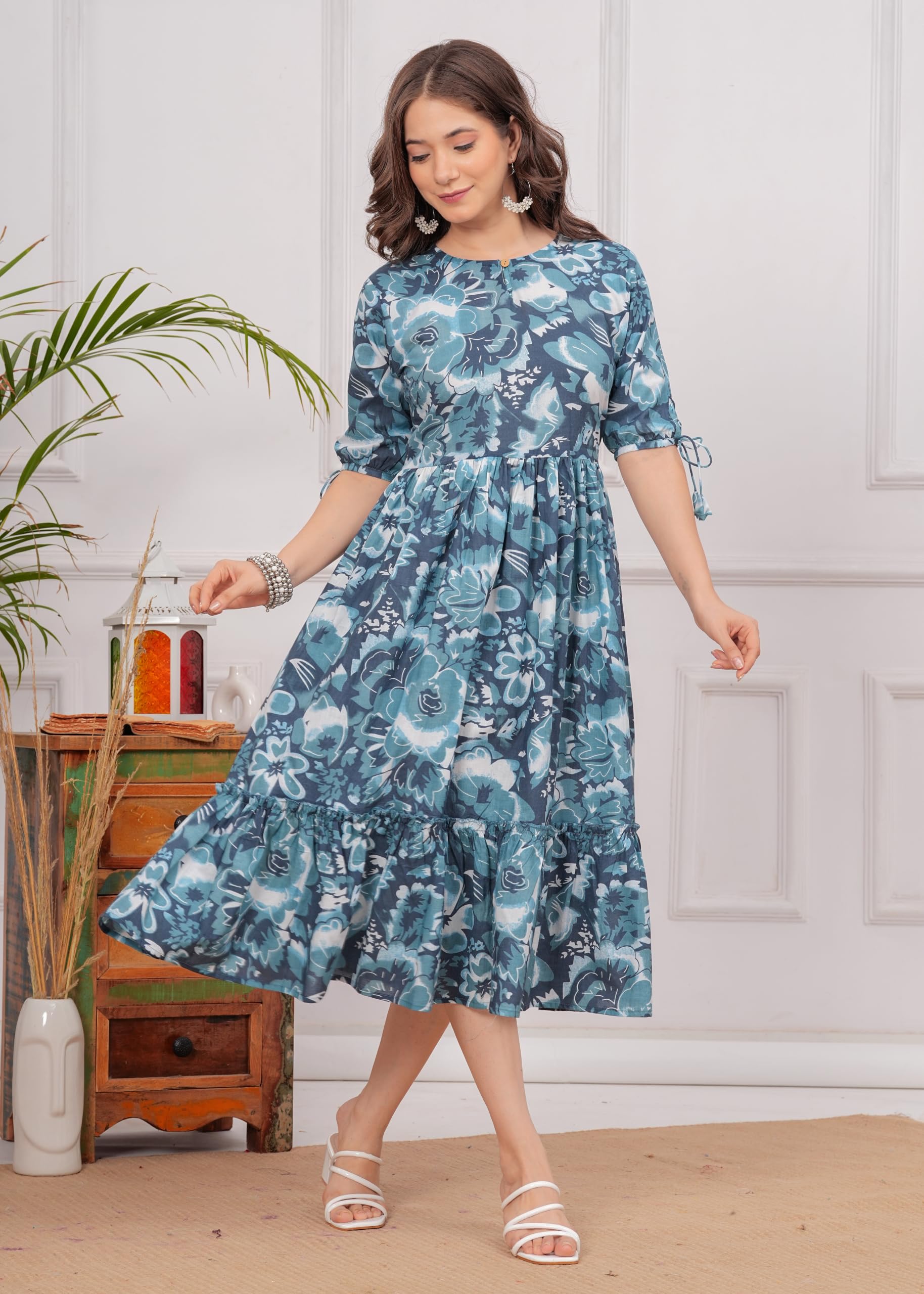 Kuruti B Sheets Women's Floral Printed Rayon Fit and Flare Tank Maxi Dress Kurta - close-up detail (58)