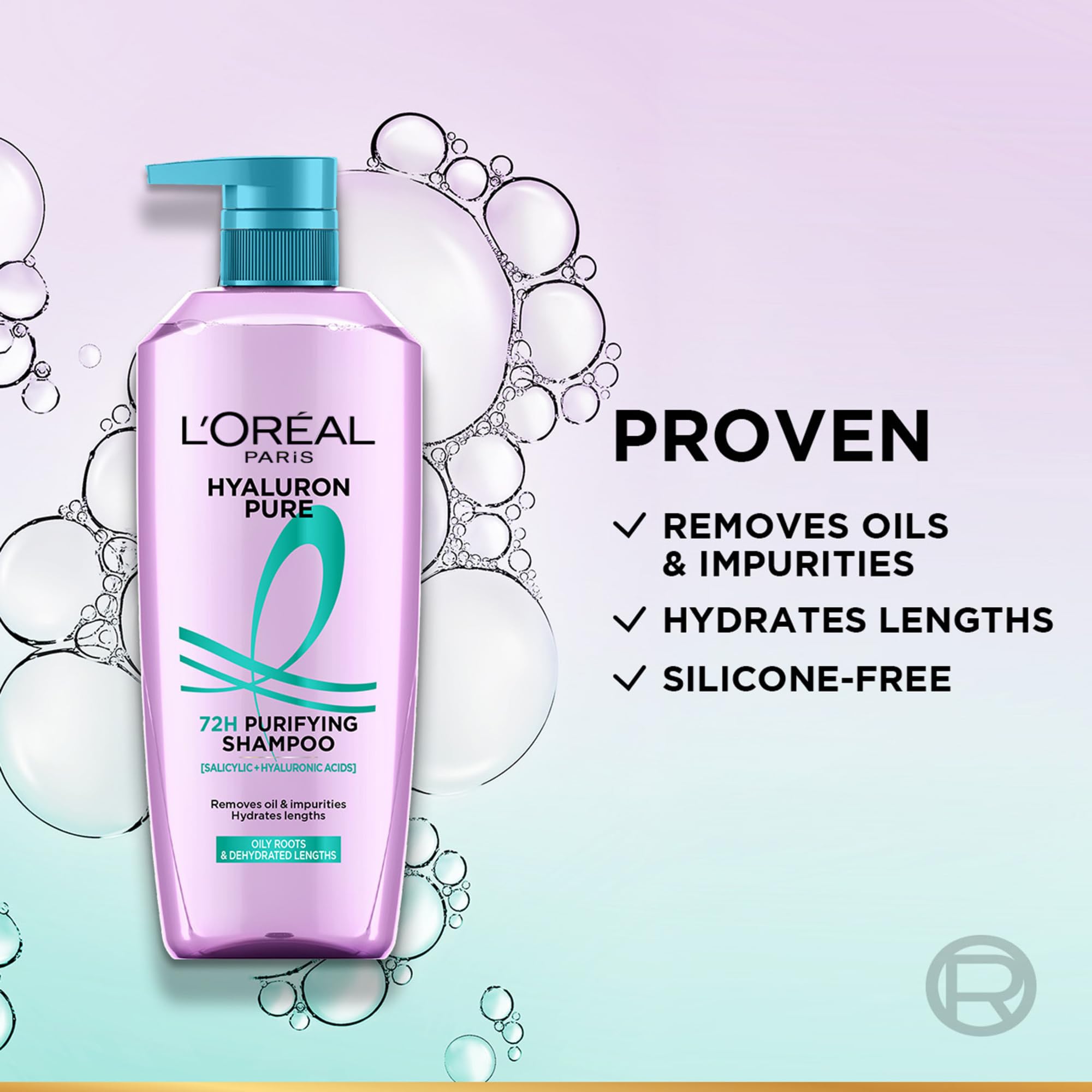 L’Oréal Paris Hyaluron Pure 72H Purifying Shampoo, For oily scalp & dry hair with salicylic and hyaluronic acid, 200 ml - pac