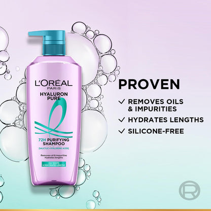 L’Oréal Paris Hyaluron Pure 72H Purifying Shampoo, For oily scalp & dry hair with salicylic and hyaluronic acid, 200 ml - pac