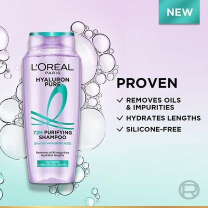L’Oréal Paris Hyaluron Pure 72H Purifying Shampoo, For oily scalp & dry hair with salicylic and hyaluronic acid, 200 ml - fro