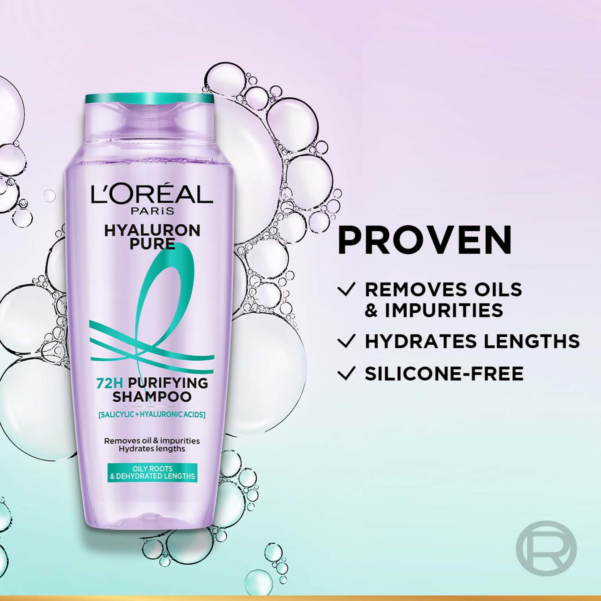 L’Oréal Paris Hyaluron Pure 72H Purifying Shampoo, For oily scalp & dry hair with salicylic and hyaluronic acid, 200 ml - pac
