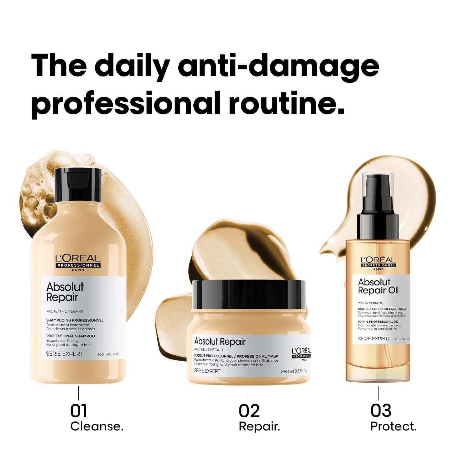 L'Oréal Professionnel Absolut Repair Shampoo, 300ml, for Dry & Damaged Hair with Protein & Omega-9 - ingredients panel