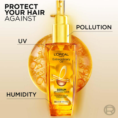 L'Oreal Paris Extraordinary Oil Hair Serum, Anti-Frizz Styling Serum with 6 Rare Flower Oils - label detail