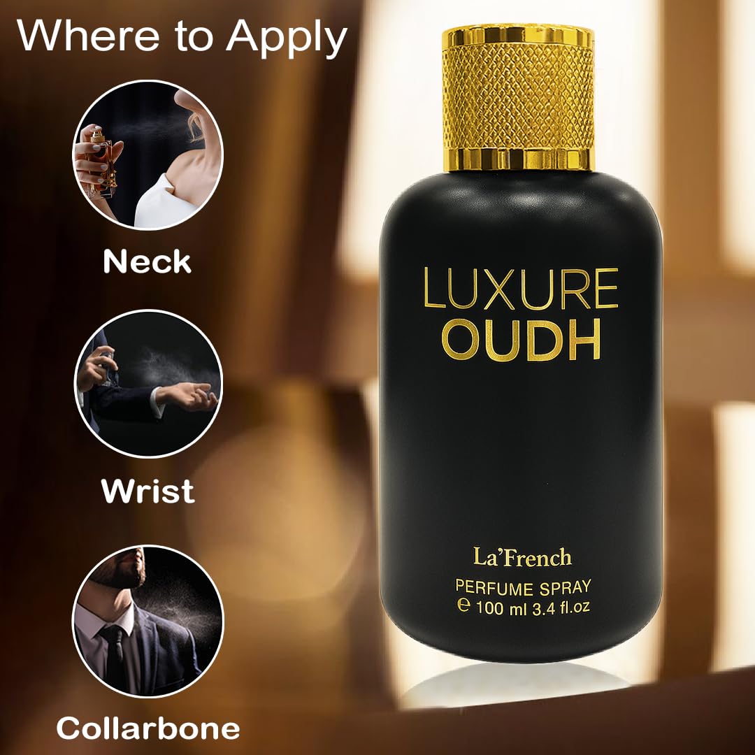 LA' French Luxure Oudh Eau de Parfum for Men, 100ml, with Agarwood, Musk, Sandalwood and Oakmoss Notes - back view