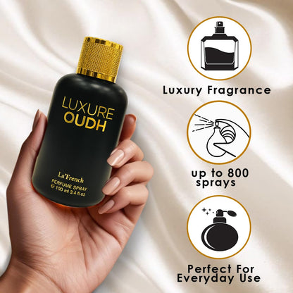 LA' French Luxure Oudh Eau de Parfum for Men, 100ml, with Agarwood, Musk, Sandalwood and Oakmoss Notes - packaging