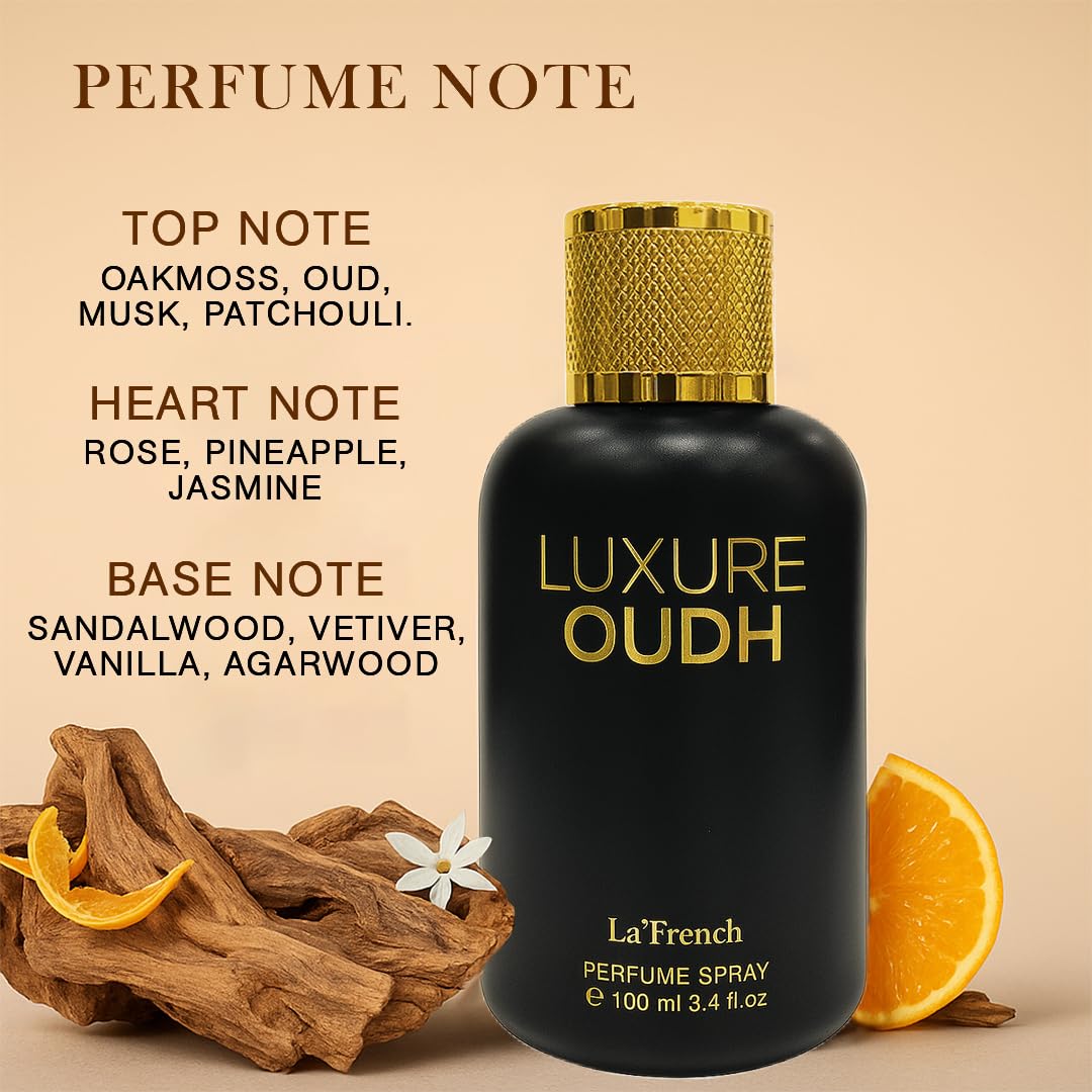 LA' French Luxure Oudh Eau de Parfum for Men, 100ml, with Agarwood, Musk, Sandalwood and Oakmoss Notes - ingredients panel